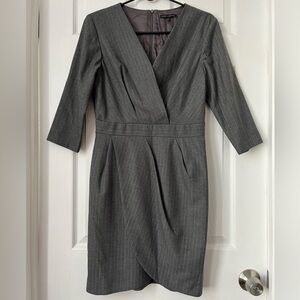 Tara Jarmon Grey pinstripes wool blend 3/4 Sleeve Sheath Knee Length‎ Dress 38